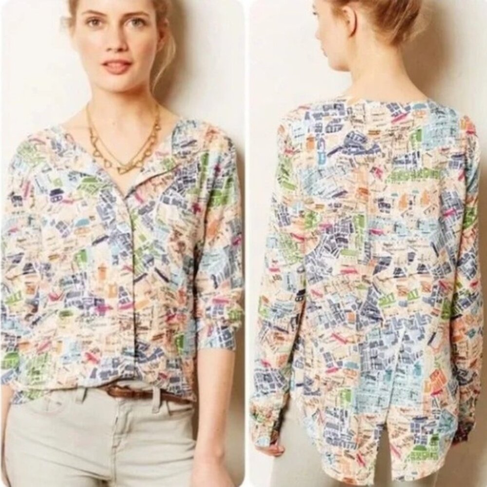Maeve Anthropologie London Map Cartography Button Up Shirt Top Whimsical Travel